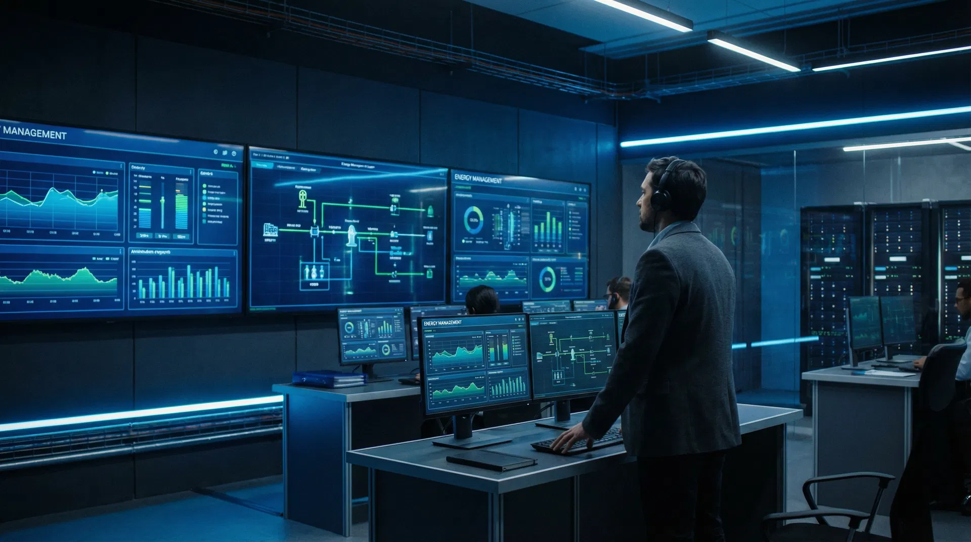 SANY microgrid energy management system control room with real-time monitoring dashboards
