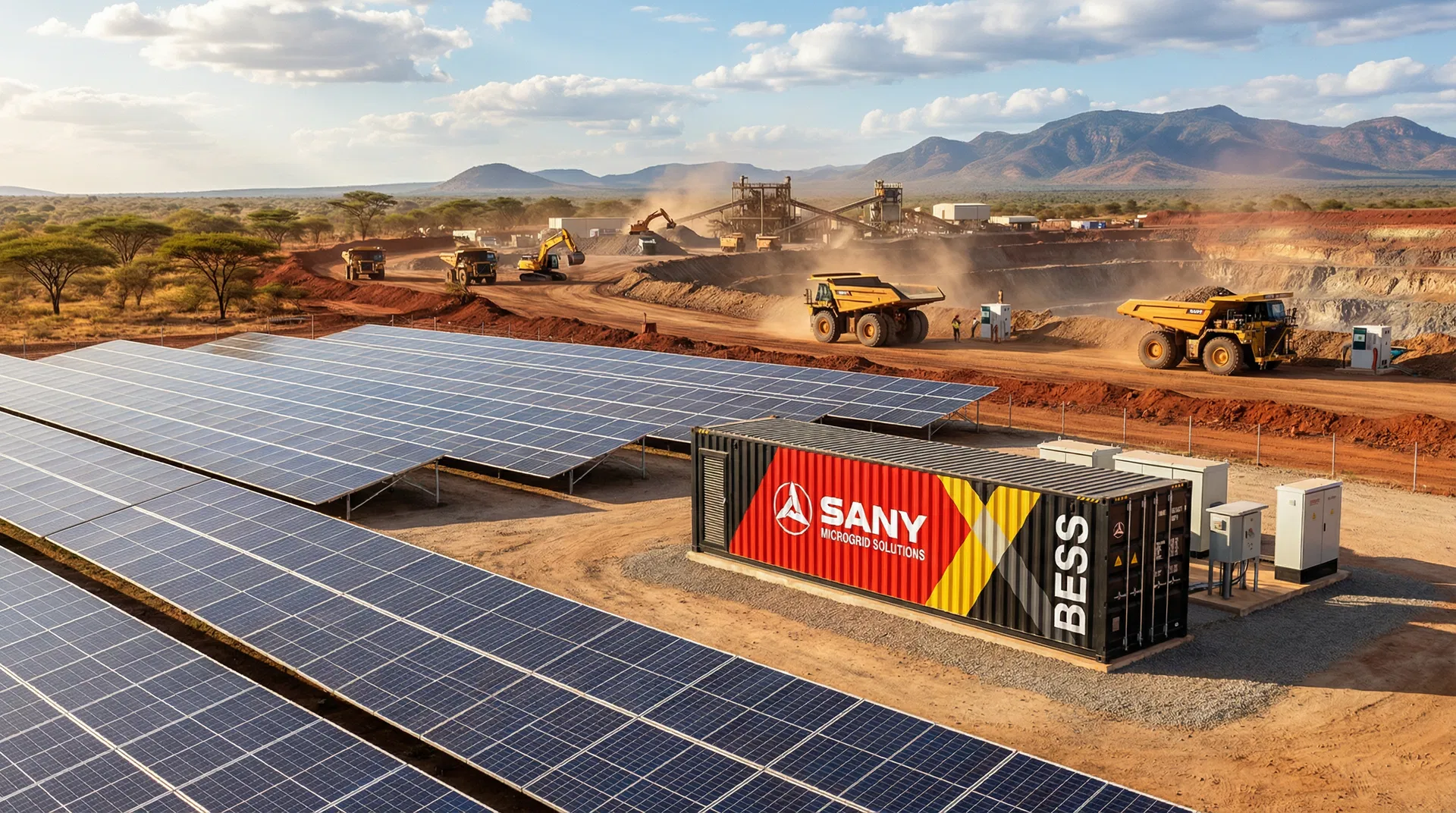 SANY microgrid installation at an African mining site with solar panels, battery storage containers, and mining trucks