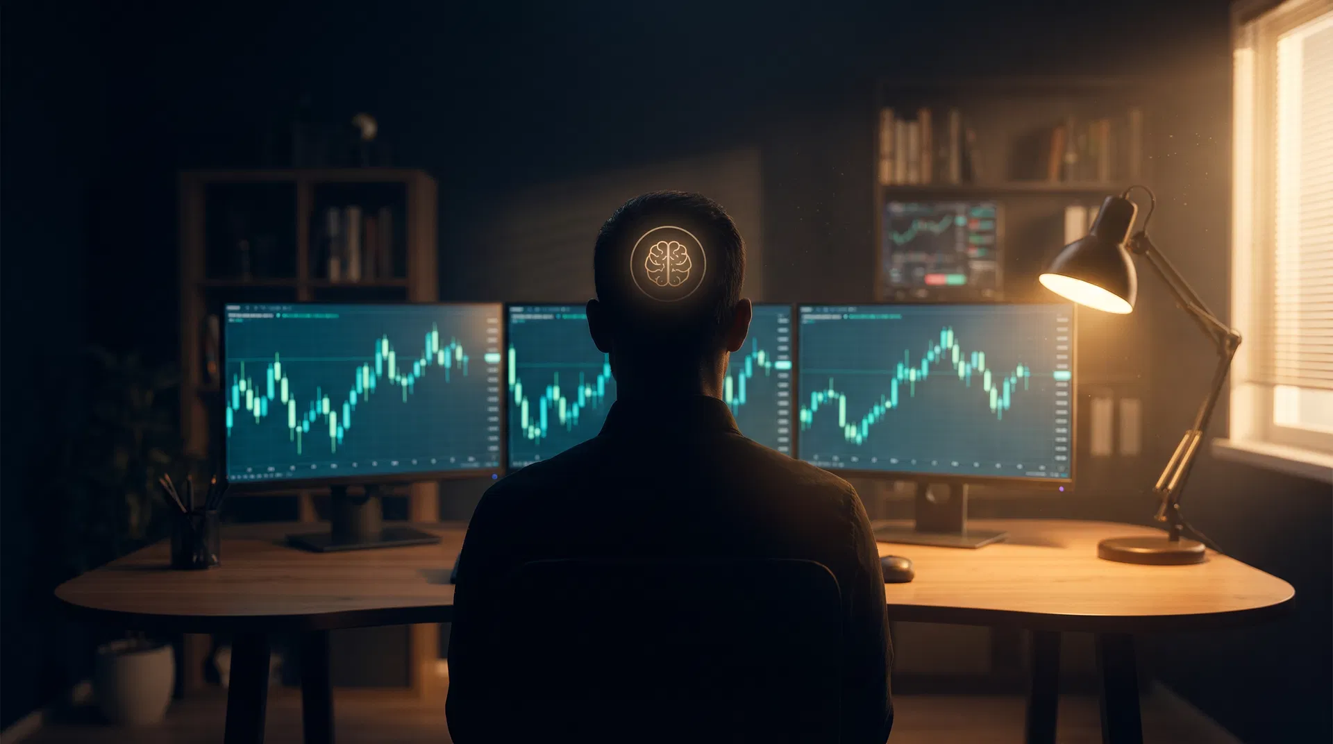 Человек за торговым терминалом со спокойной сосредоточенной позой