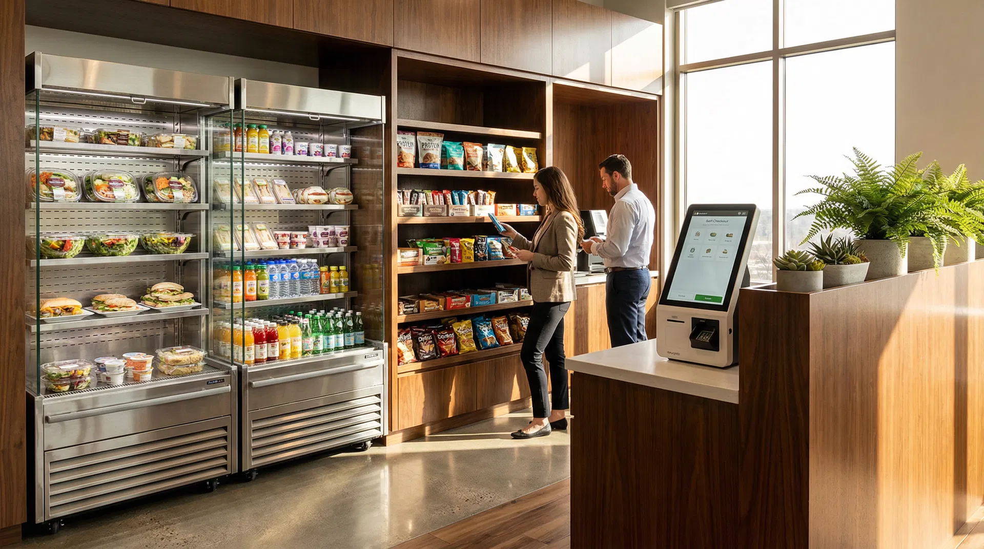 Modern micro market with self-checkout kiosk