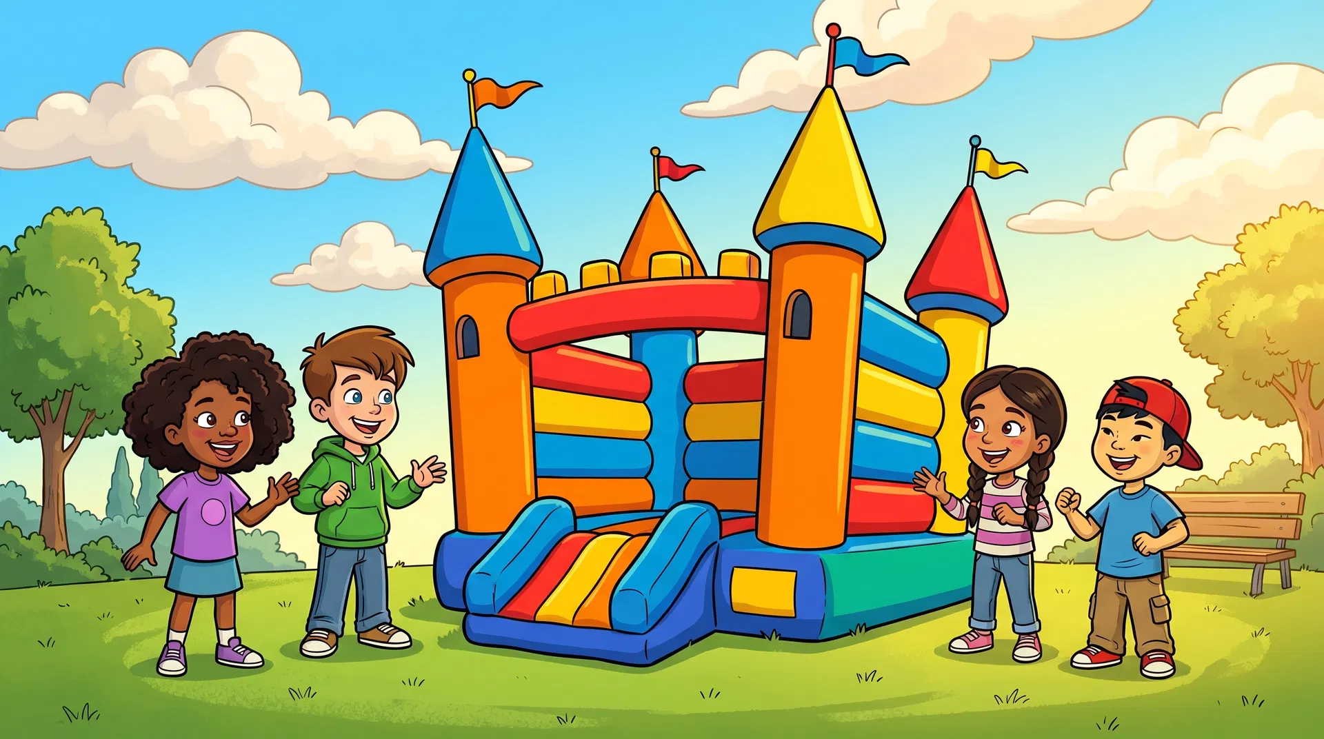 Kids playing safely on a bounce house