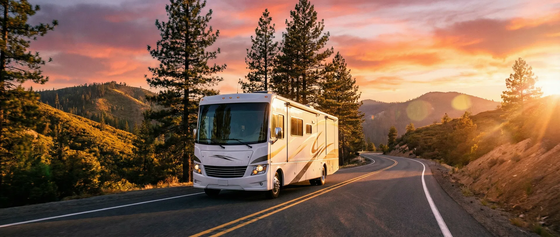 Luxury RV on scenic mountain highway at sunset