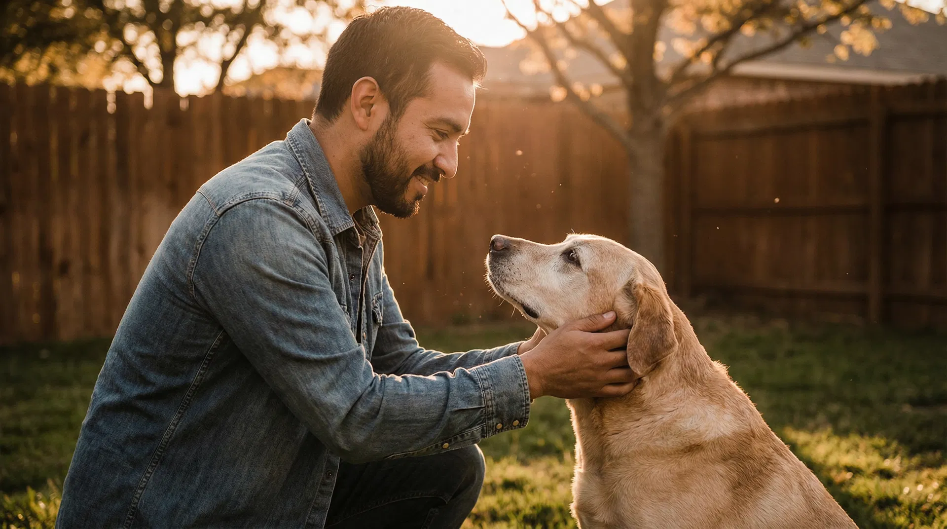 Young man spending quality time with his aging dog at home