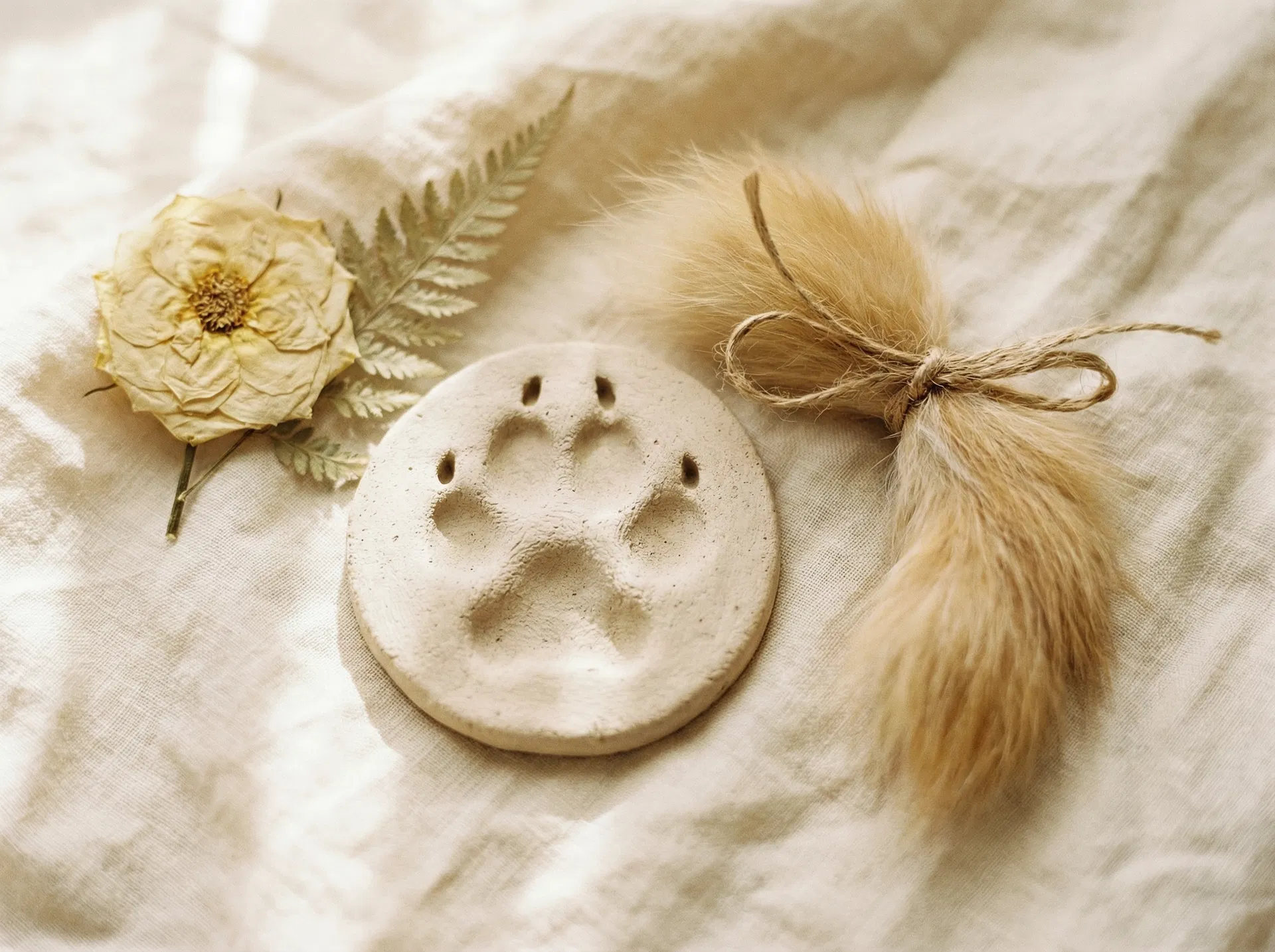 Clay paw print memorial keepsake with dried flowers and fur clipping