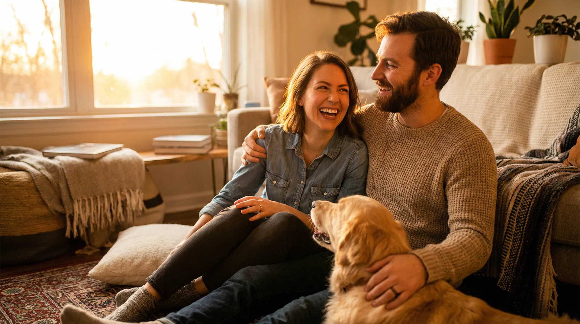 Young couple with their golden retriever in a warm, sunlit living room