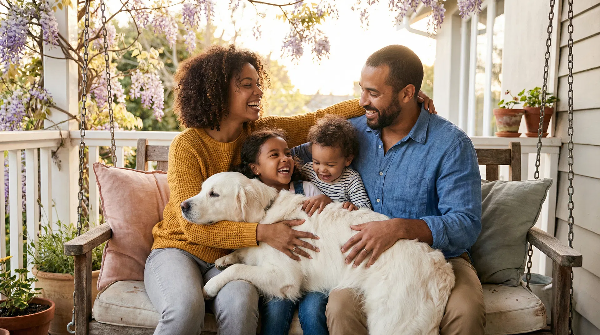 Young family on porch swing with their beloved dog