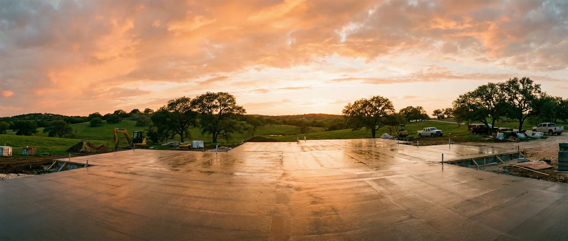 Concrete foundation work at sunset in Texas Hill Country