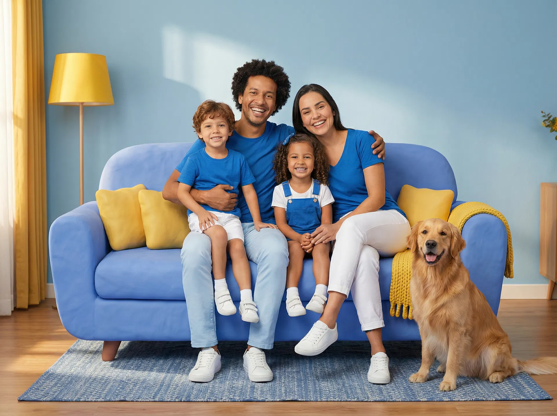 Família feliz no sofá limpo