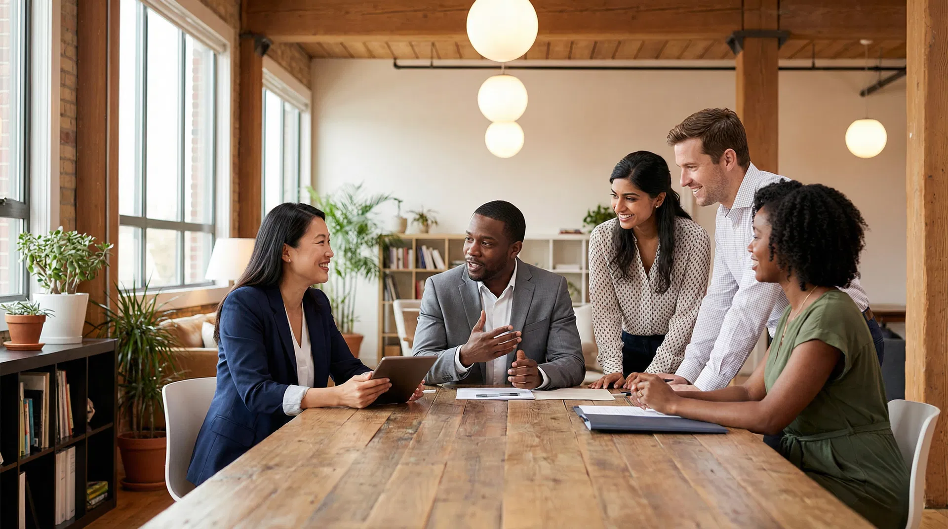 Diverse professionals collaborating in modern office