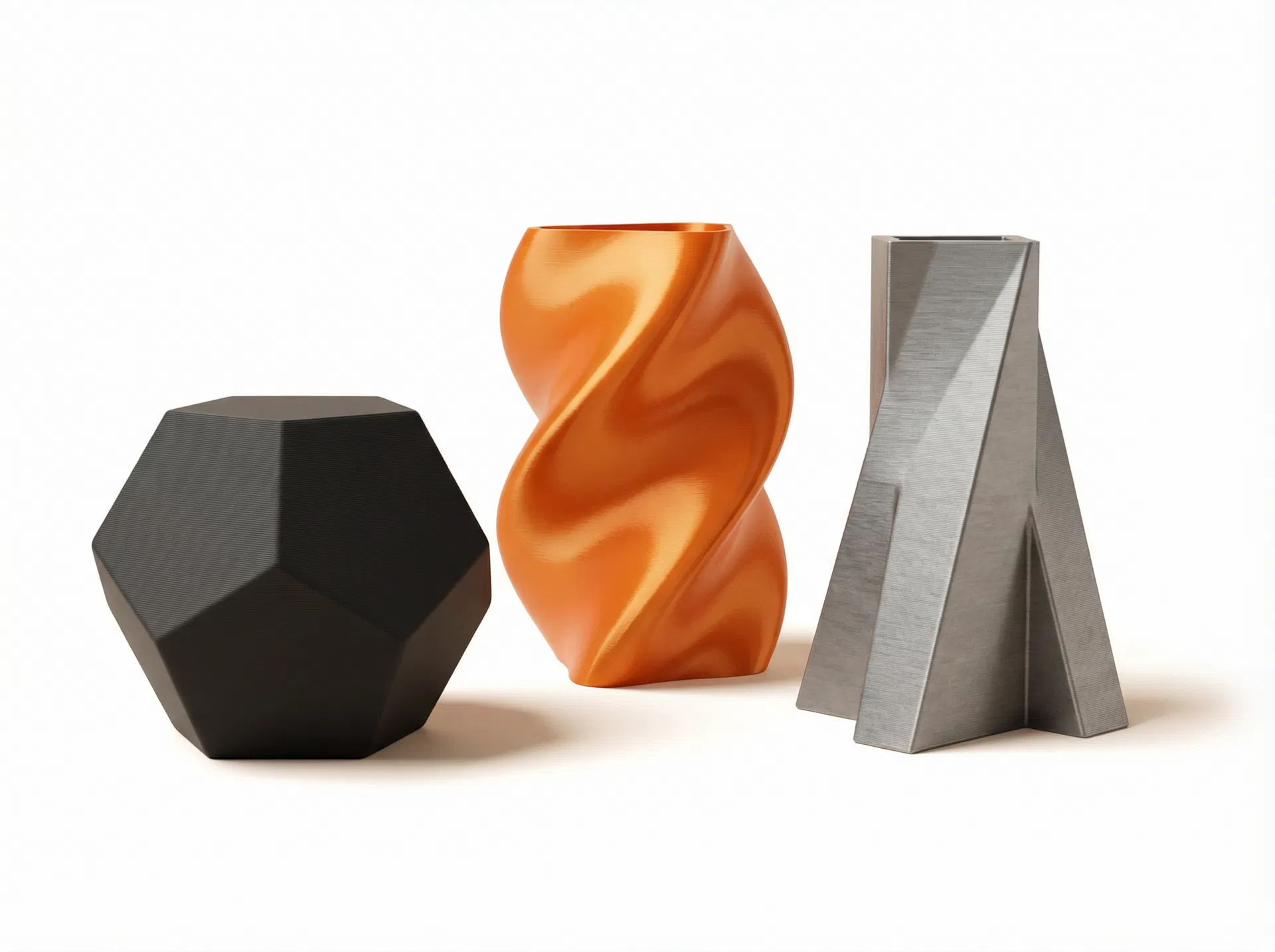 Three 3D printed materials displayed in black, silk orange, and metallic grey finishes