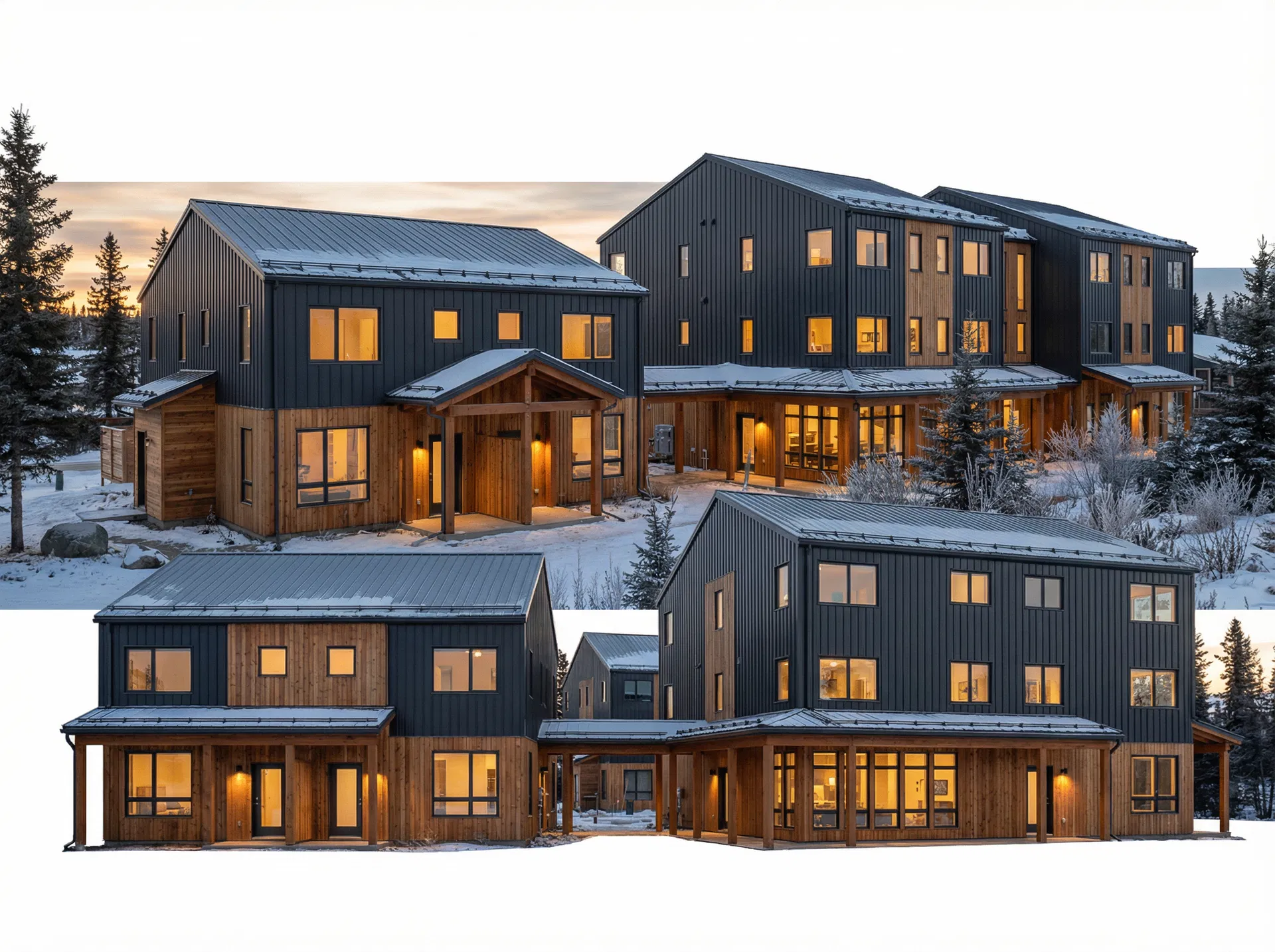 Custom Dawson Prefab multi-family concept showing dark metal cladding, exposed timber entries, and warm wood detailing for broader northern housing applications