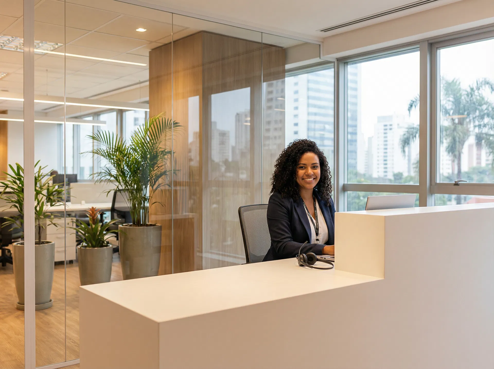 Atendente de telemarketing sorrindo