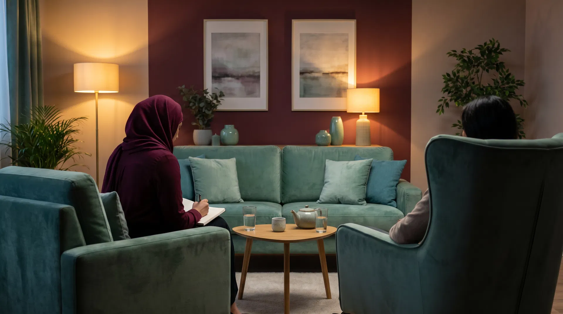 Professional therapy room with counselor and client