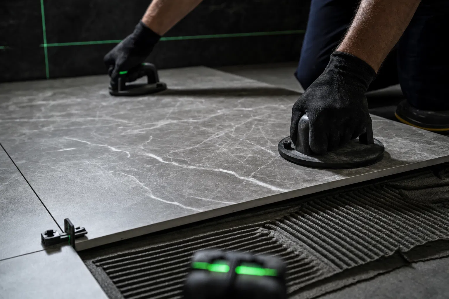 Precision tile installation with laser level