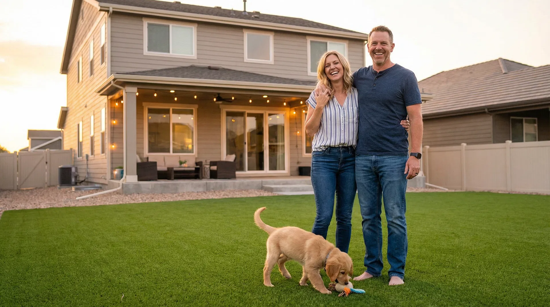 Happy family with dog on clean synthetic turf