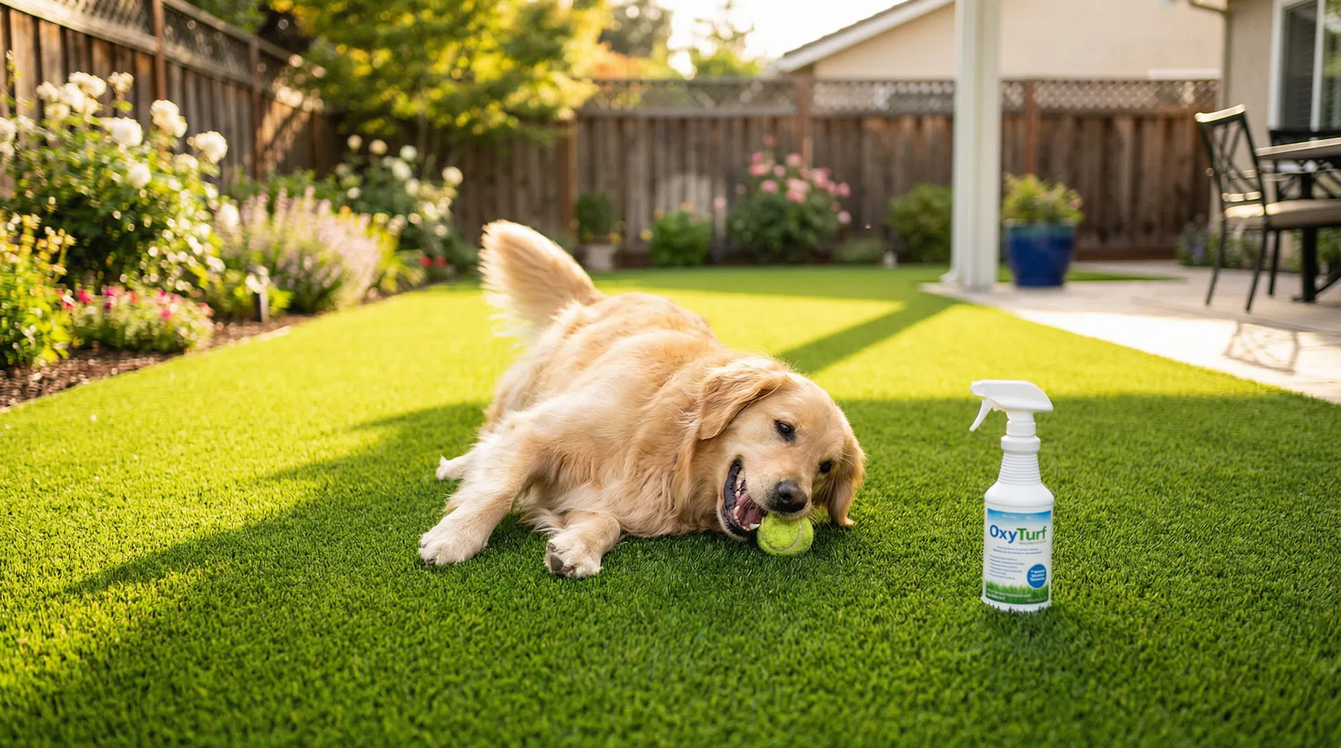 Happy dog on clean synthetic turf