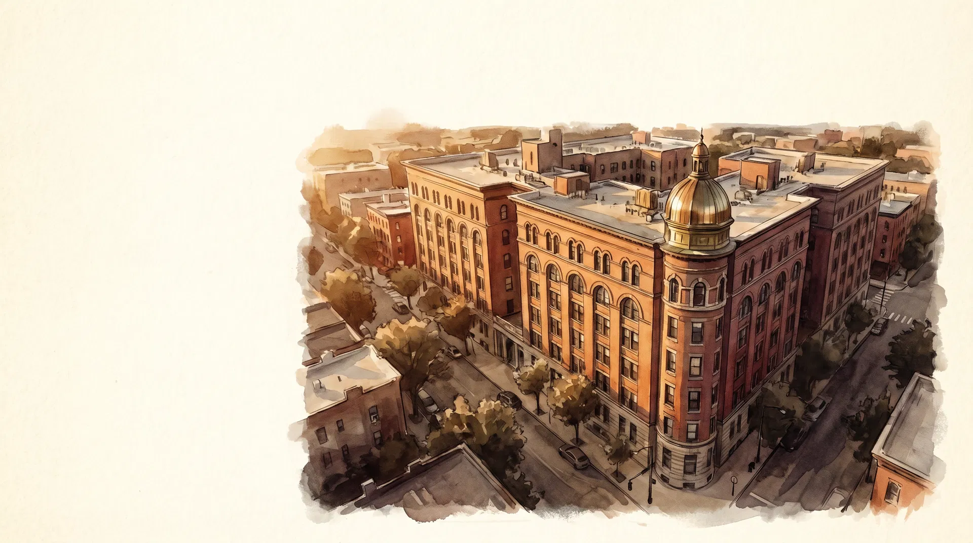 Editorial illustration of a stately American multifamily building at golden hour