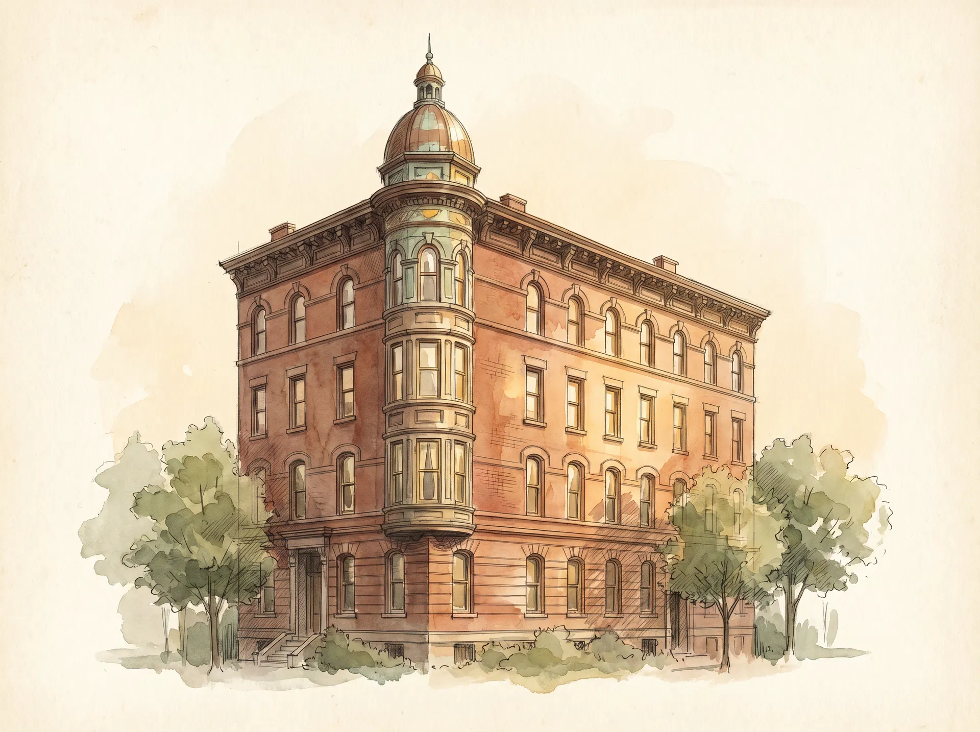 Watercolor plate of a stabilized multifamily asset at golden hour