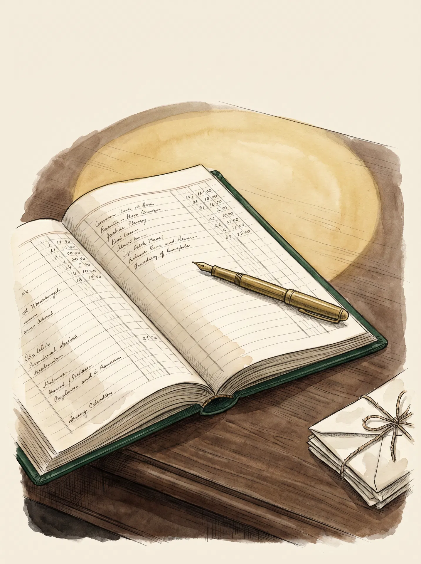 Hand-painted watercolor plate of a leather-bound ledger on a walnut desk