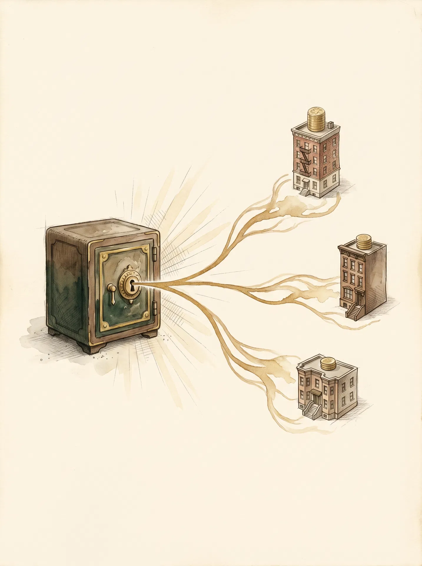 Watercolor plate depicting capital flowing from a locked safe into three income-producing buildings