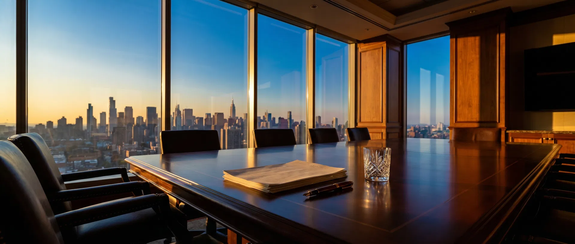 Sophisticated boardroom overlooking city skyline at golden hour