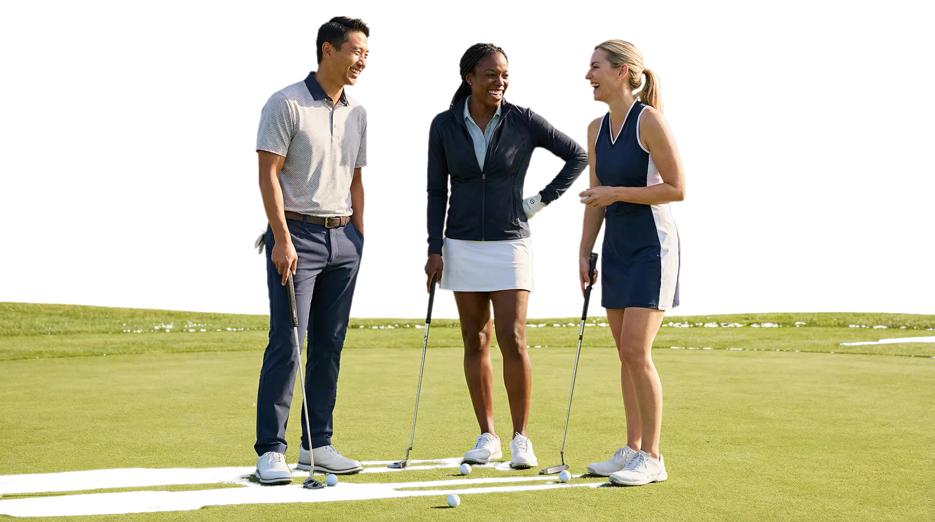 Asian man, Black woman, and white woman in their mid-20s to 40s sharing a fun practice moment on a golf green