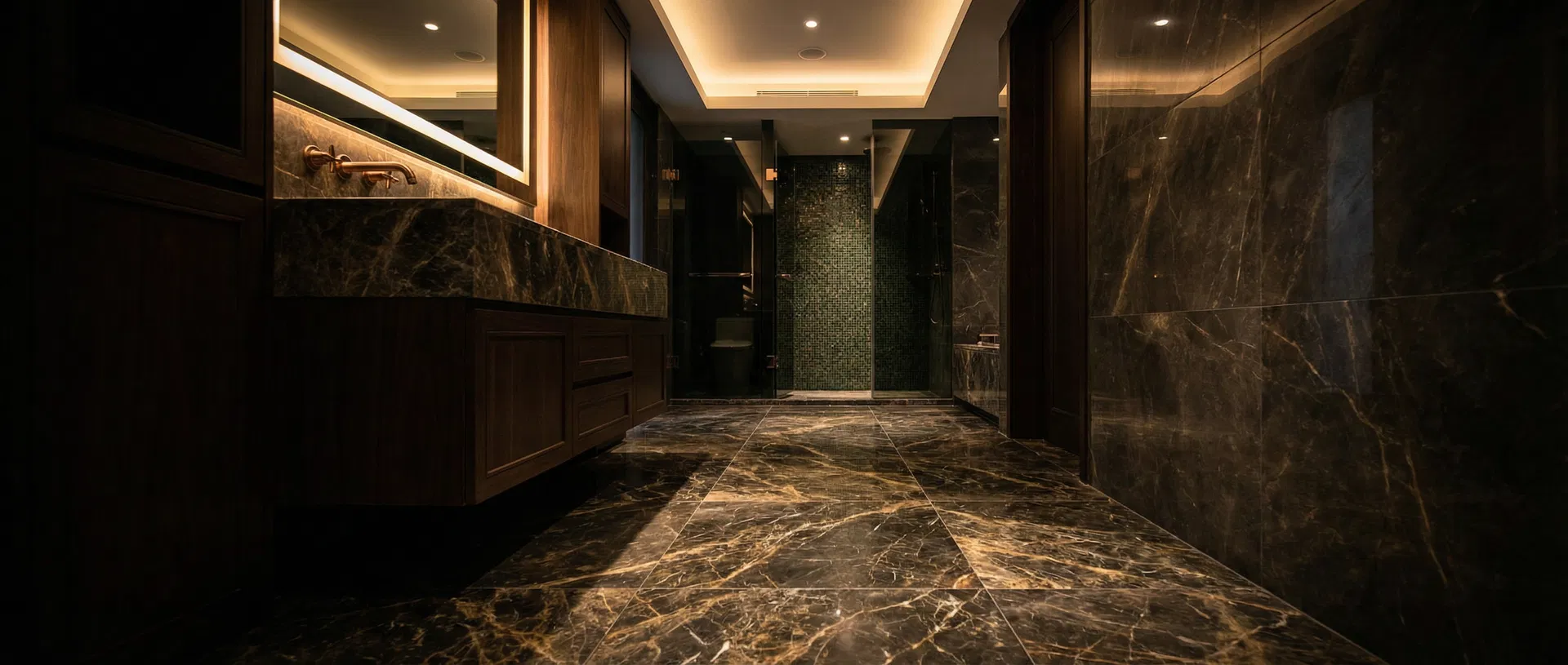 Luxury bathroom with marble tile flooring