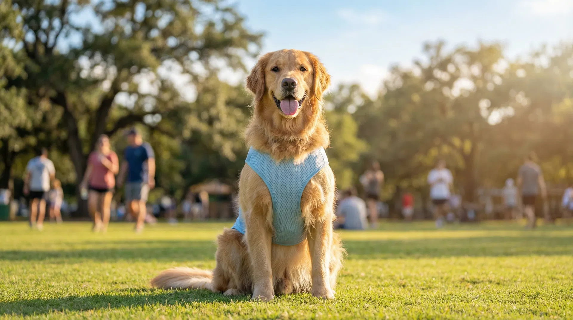 Glücklicher Hund mit CoolPaw Kühlweste im Sommer