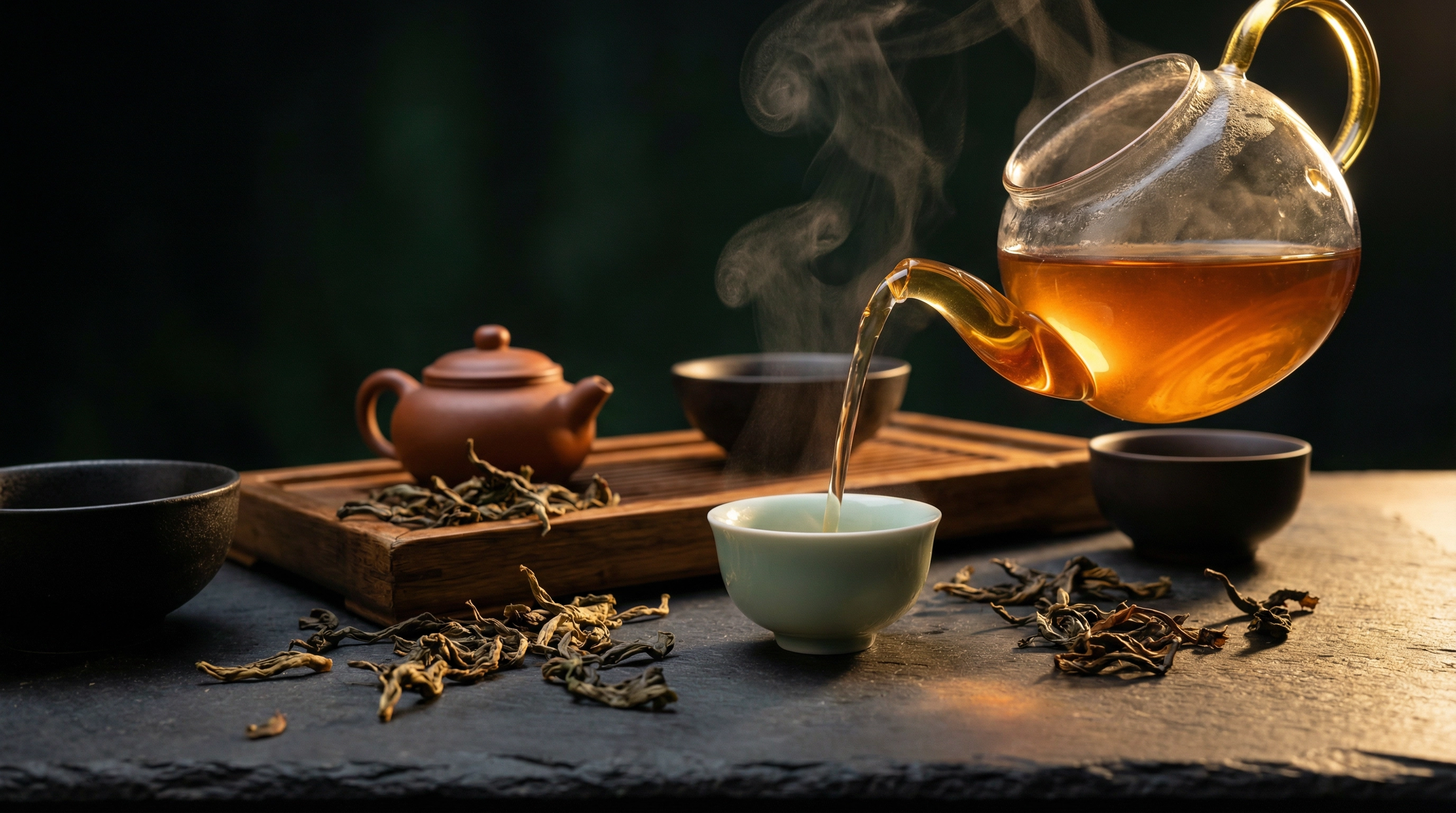 Traditional tea ceremony with golden amber tea