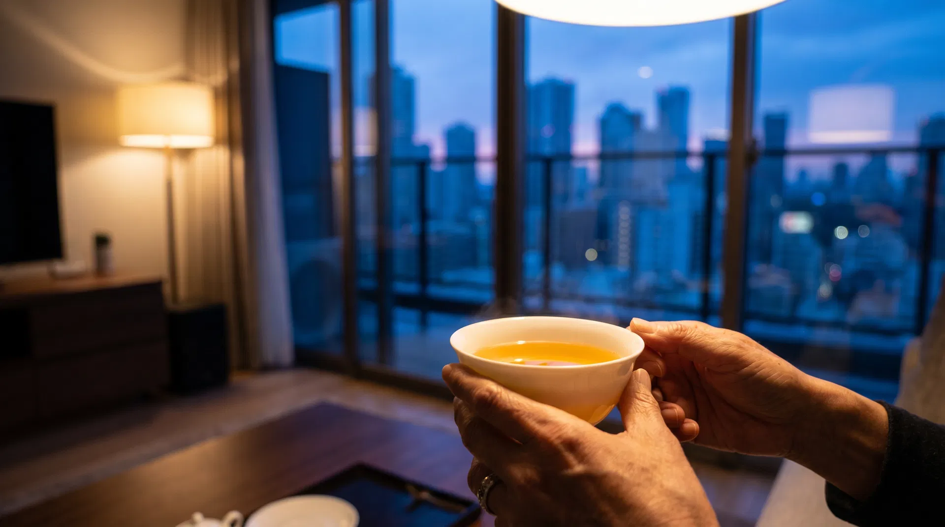 Tea by the window overlooking city skyline