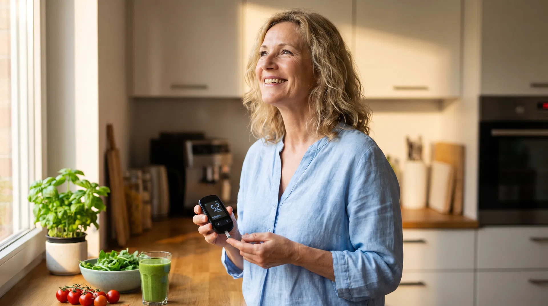 Sabine hält glücklich ihr Blutzuckermessgerät in der Küche