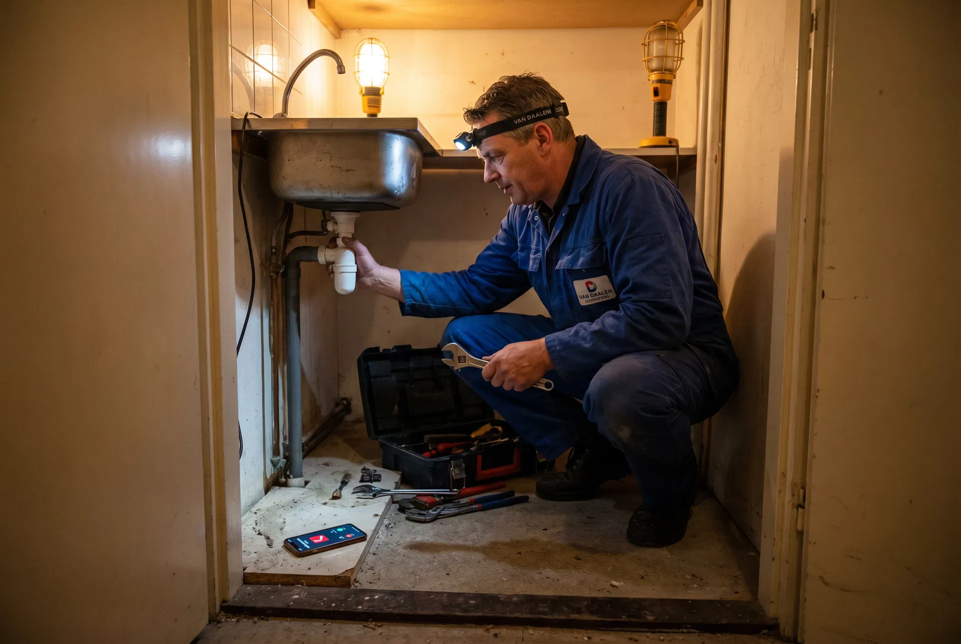 Loodgieter aan het werk terwijl zijn telefoon een gemiste oproep toont