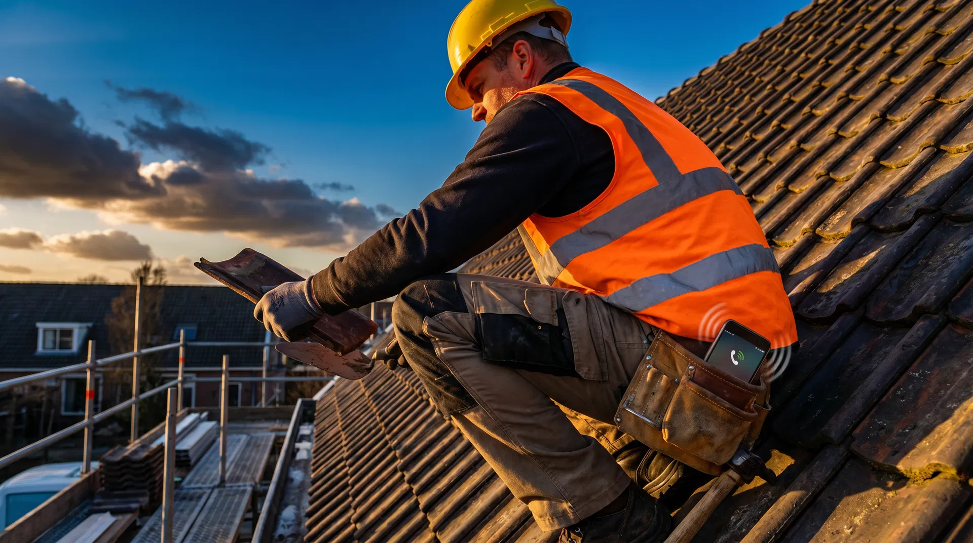 Dakdekker op het dak terwijl zijn telefoon overgaat
