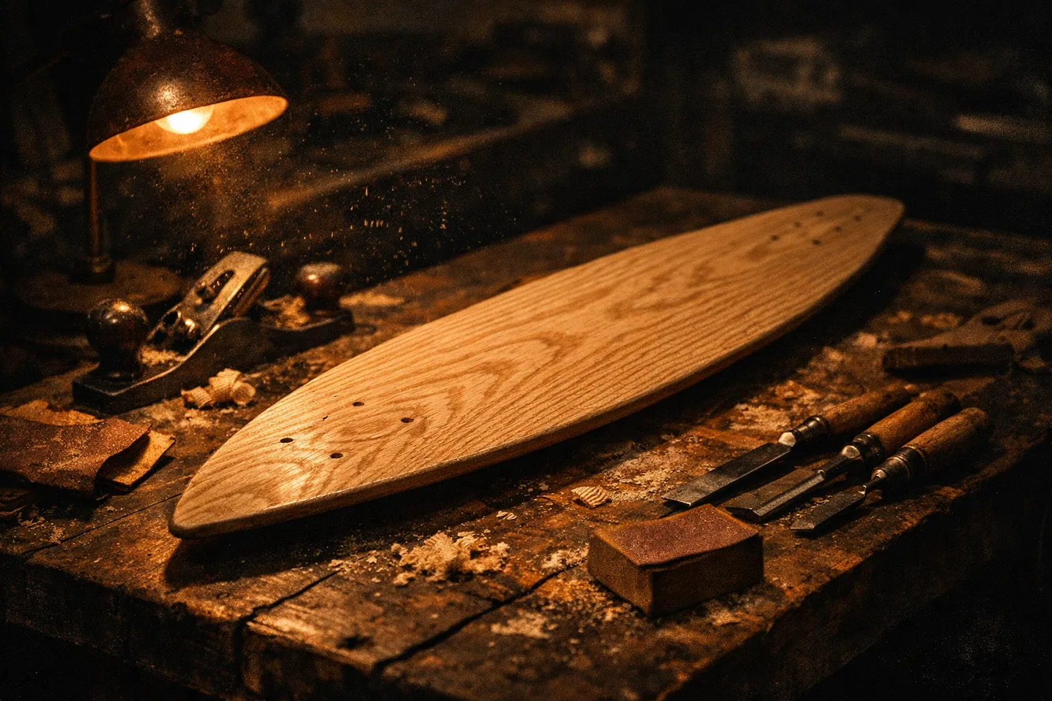 Handcrafted pintail skateboard deck on a workshop bench
