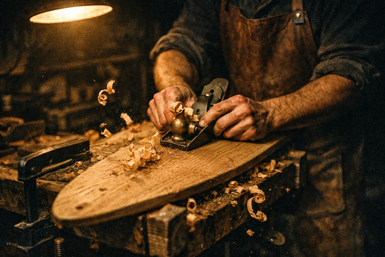 Craftsman hand-shaping a pintail skateboard deck with a hand plane