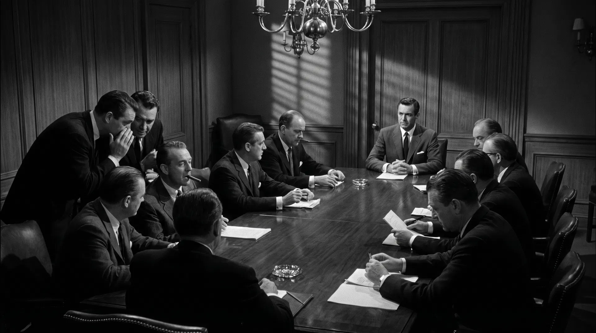 Executives in a boardroom — one figure observing the entire room