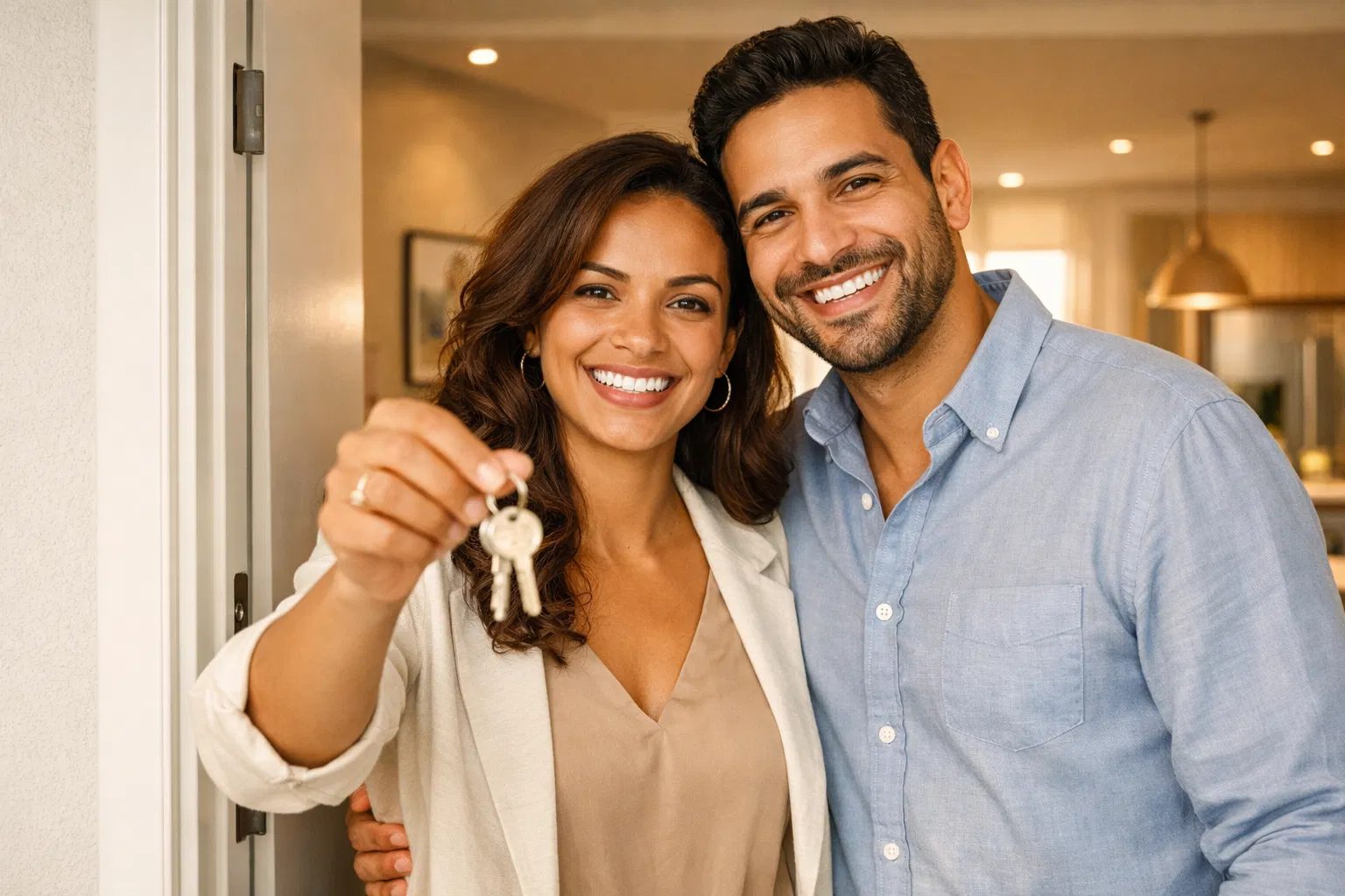 Casal feliz com as chaves do apartamento