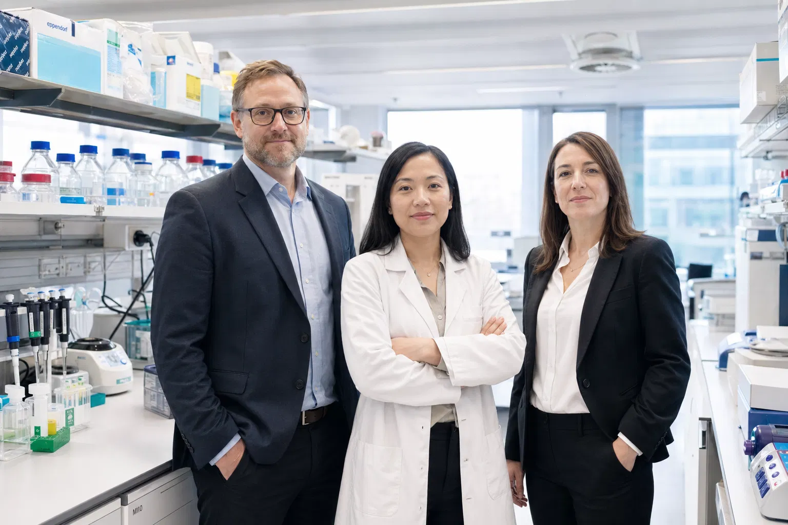 Medieval alchemist laboratory transformed into biotech research facility with retro cartoon scientist mascot