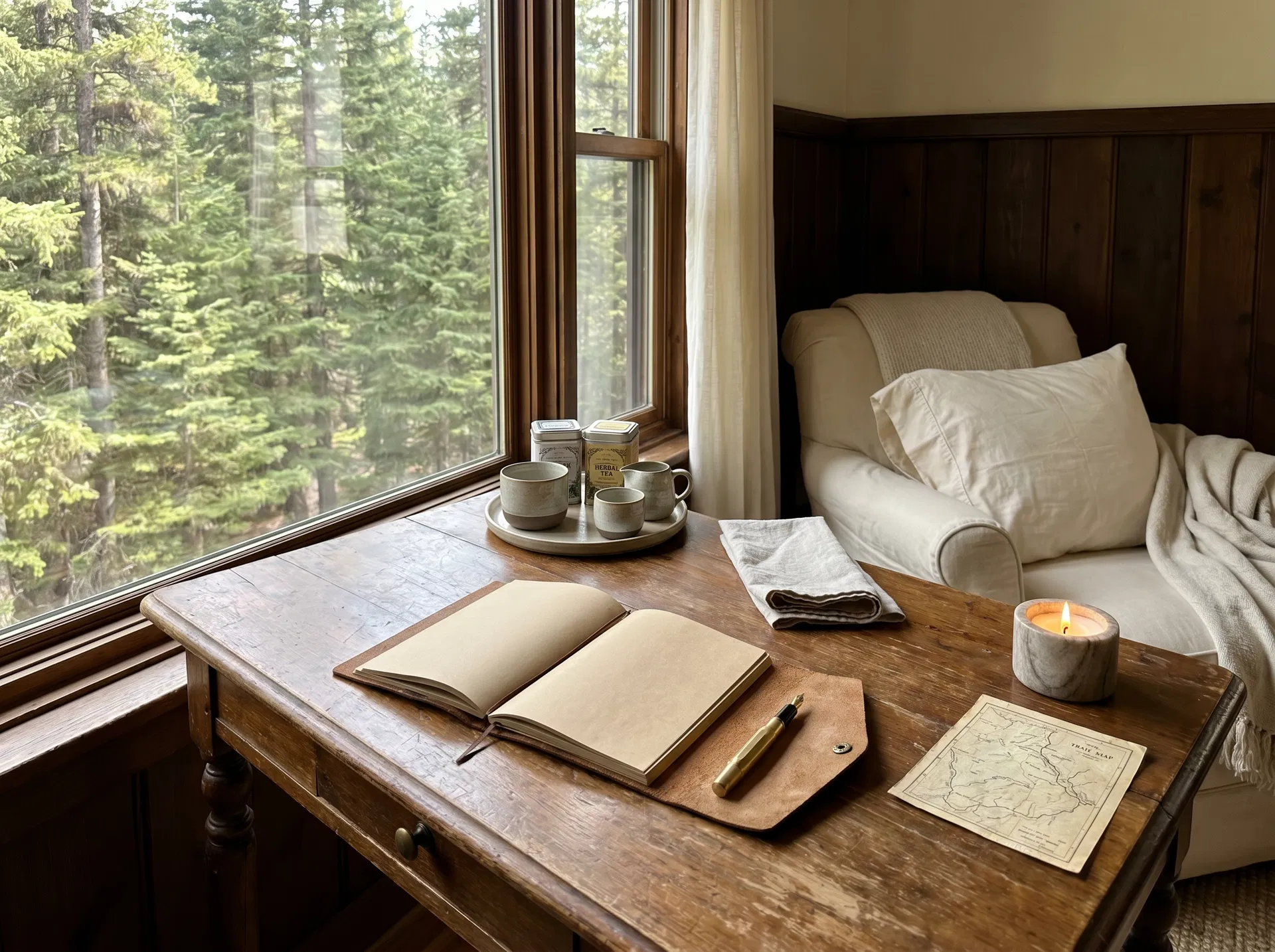 Journaling, herbal tea, and quiet unplugged mountain retreat setup