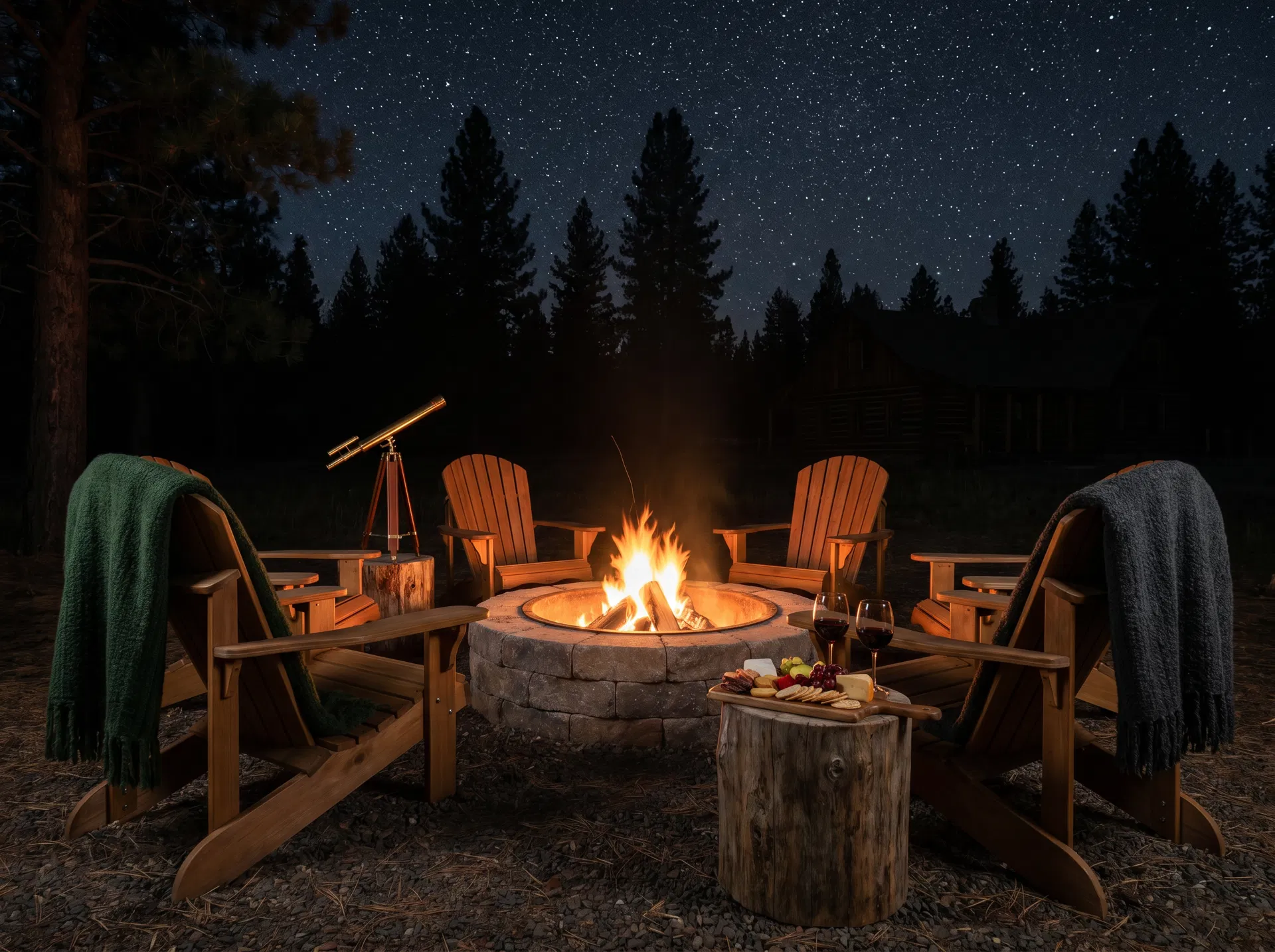 Private firepit evening under the mountain night sky