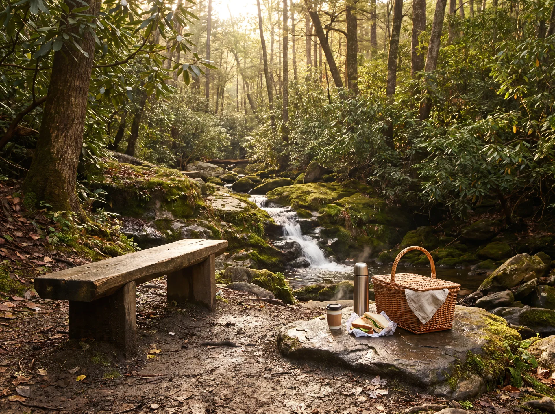 Picnic basket and quiet walking path near Glen Choga Lodge