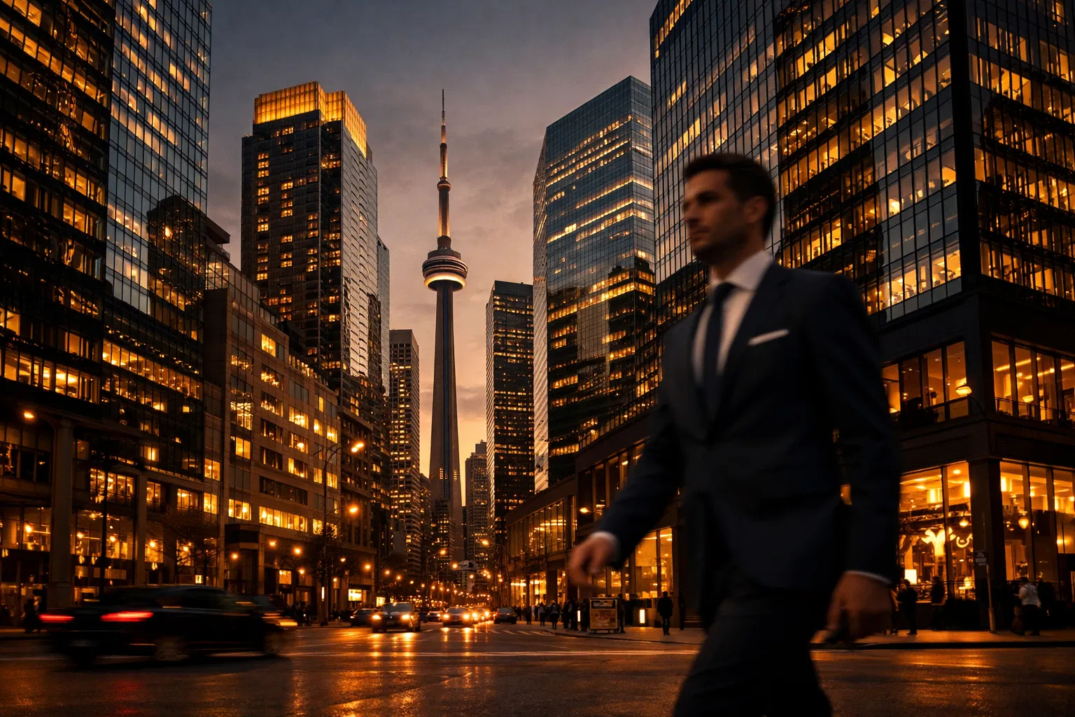 Toronto commercial real estate skyline at dusk