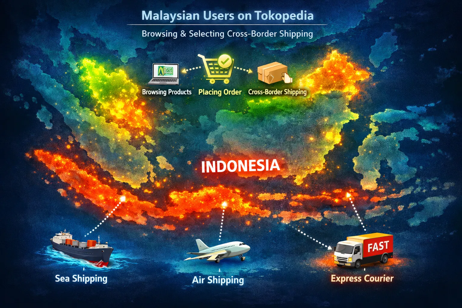 Peta interaktif menunjukkan aliran pengguna Malaysia melawat Tokopedia dan memilih penghantaran silang sempadan