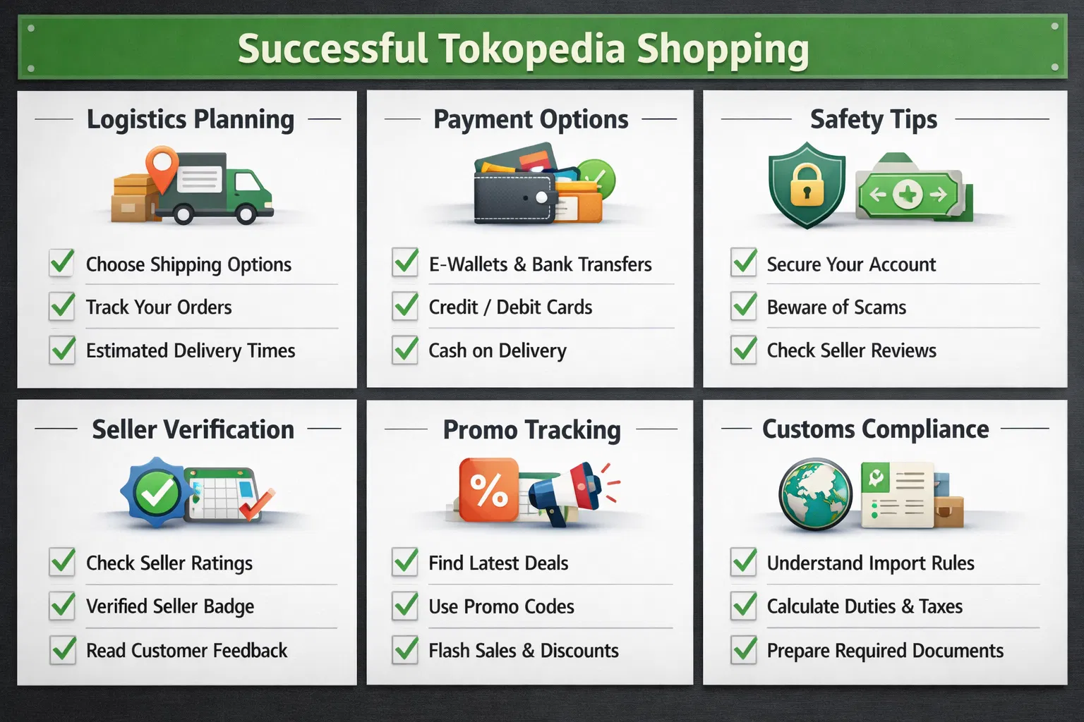 Papan strategi visual dengan langkah logistik, pembayaran, dan tip keselamatan untuk pembelian Tokopedia dari Malaysia