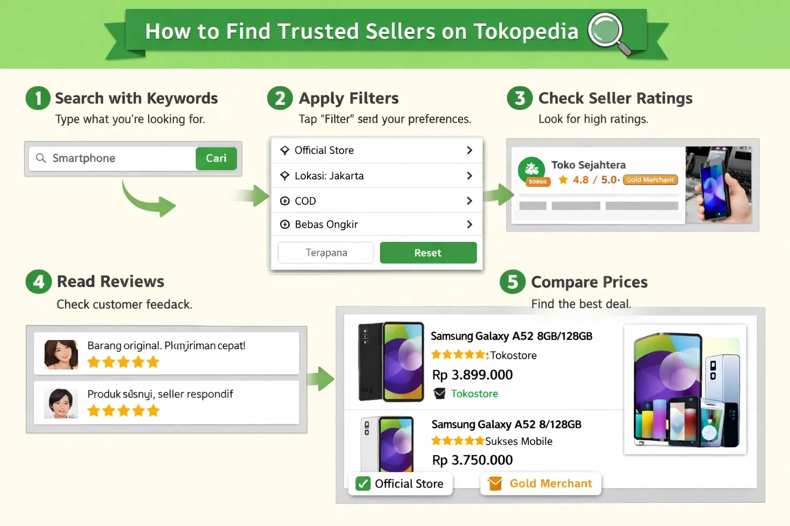 Panel tip langkah demi langkah untuk mencari, memfilter dan memilih penjual dipercayai pada Tokopedia dengan contoh nyata