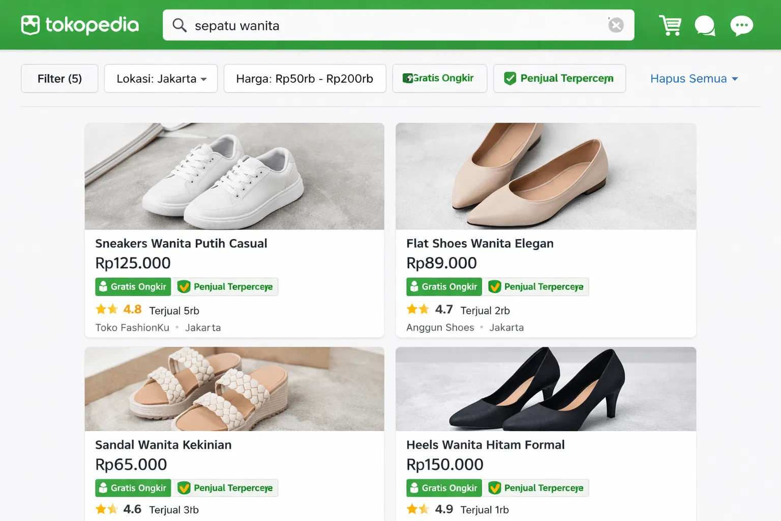 Tangkapan skrin mockup search bar Tokopedia menunjukkan filter promosi yang aktif