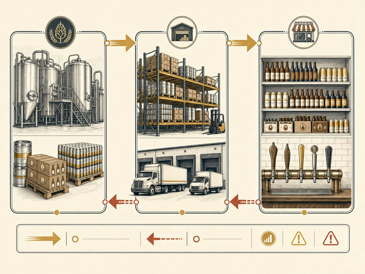 Illustrated beer supply chain from brewer to distributor to retailer