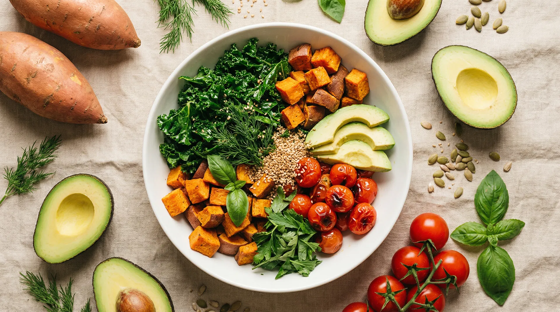 A beautiful big white bowl with colorful fresh ingredients