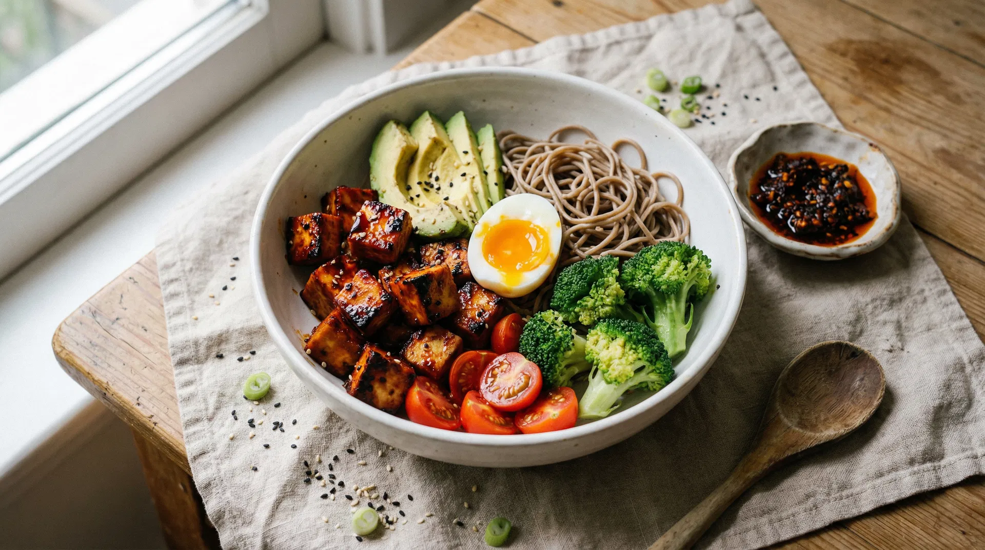 A beautiful big white bowl with colorful fresh ingredients