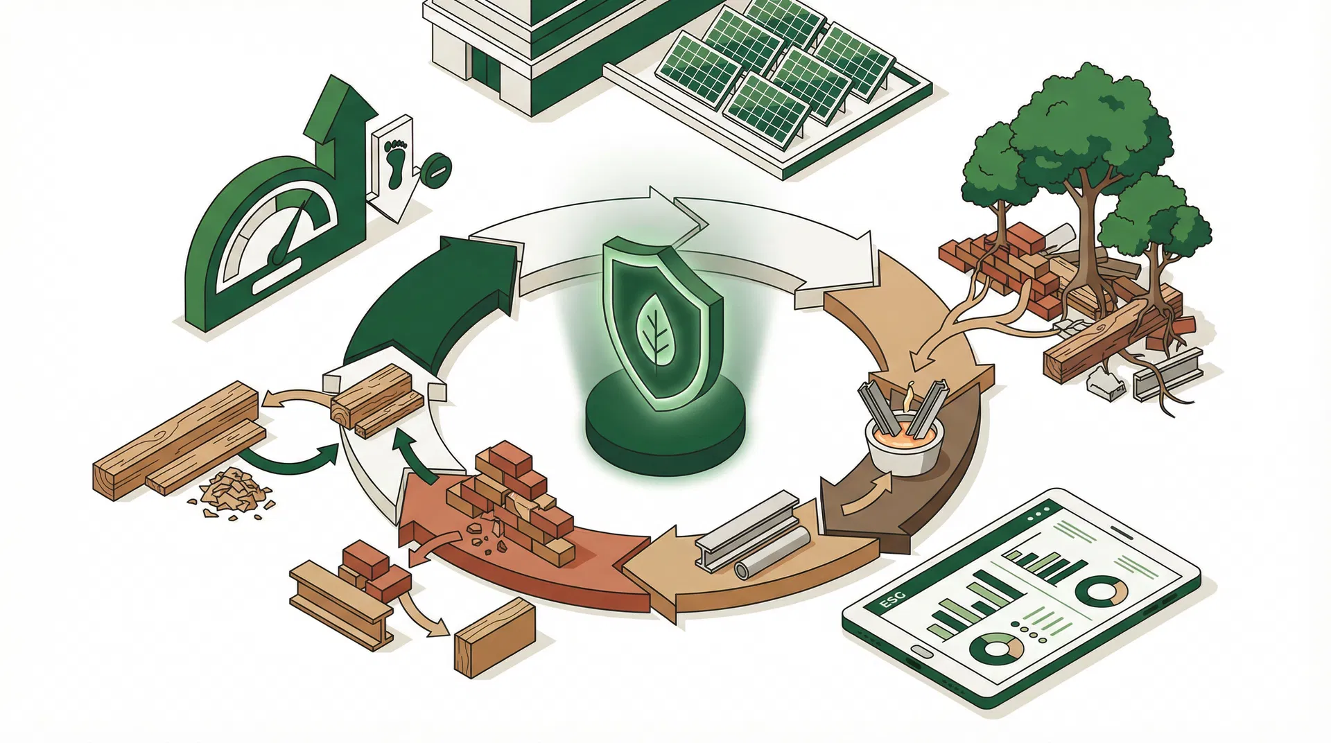Circular economy sustainability cycle showing materials being recycled, carbon reduction metrics, and ESG reporting